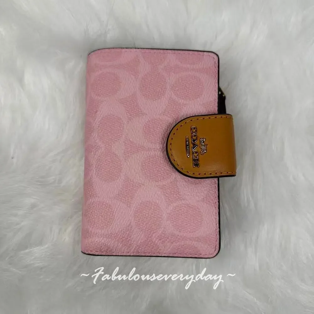 Coach Medium Corner Zip Wallet In Signature Canvas Gold/Powder Pink CEC29 NWT